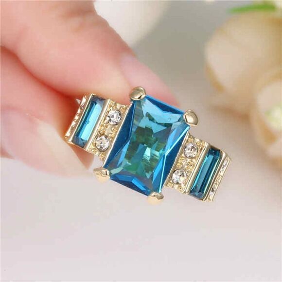 Blue Aquamarine Yellow Rhodium Plated Ring - Picture 1 of 2